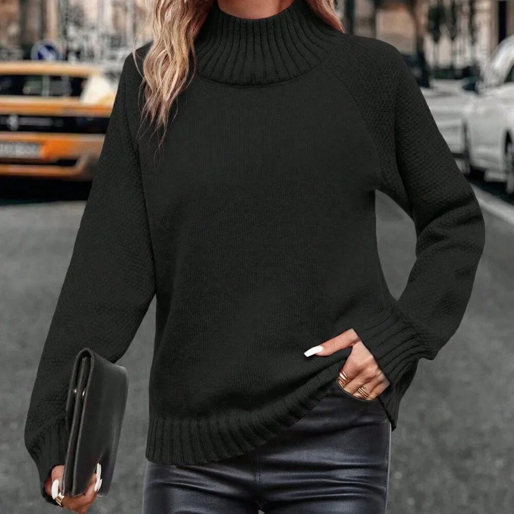 Black Casual Women's Turtleneck Raglan Sleeve Sweater